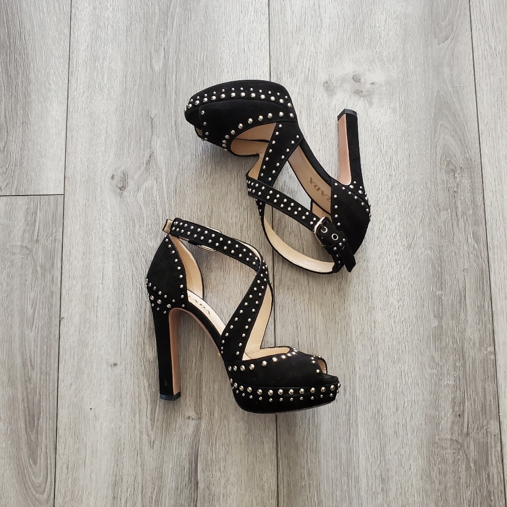 Prada Black Studded Suede Crossover Strap Platform Sandal Heels Peeptoe Pump 35